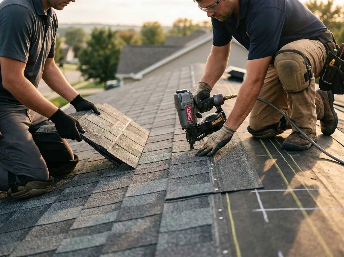 Professional roofer working on a residential roof in Valley